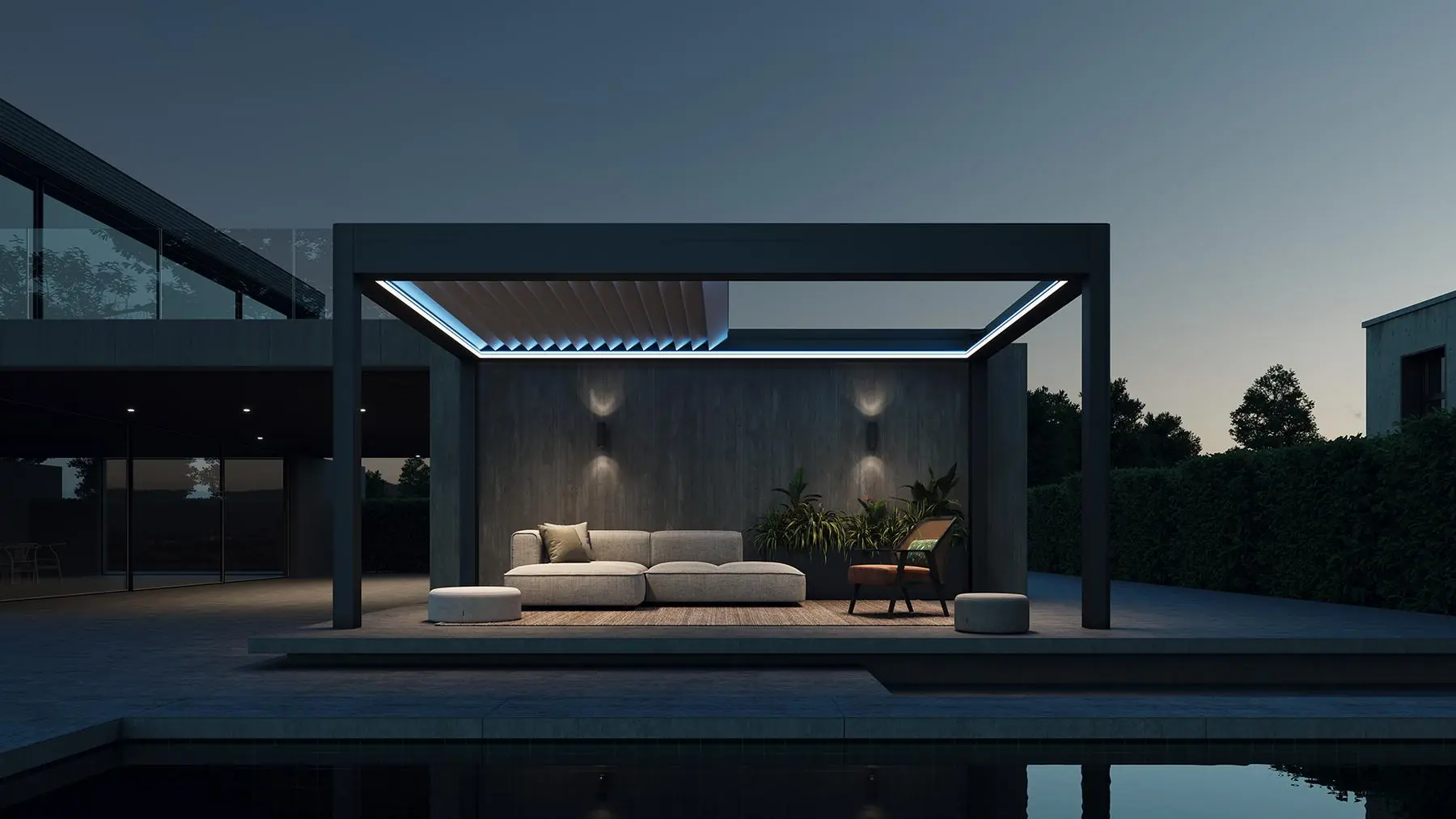 Alacakaranlıkta havuz başında gizli aydınlatmalı bioklimatik pergola